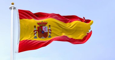 İspanya 'nın ulusal bayrağı açık bir günde rüzgarda sallanıyor. Avrupa ülkesi. Üç yatay çizgi, kırmızı, sarı, kırmızı, solda arma. 3D illüstrasyon canlandırıcı. Dalgalı tekstil.