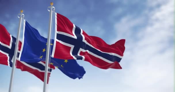 Vlaggen Van Noorwegen Die Een Heldere Dag Wapperen Met Vlag — Stockvideo