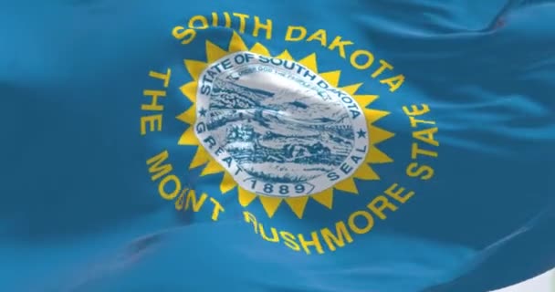 南达科他州旗帜在风中飘扬的特写 天空蓝色的田野 有国徽和金色的太阳 美国州 3D渲染动画 慢动作无缝圈 有选择的重点 后续行动 — 图库视频影像