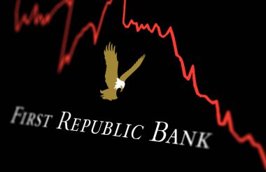 New York, US, March 2023: White First Republic Bank logo on a stock market performance chart trends. In March 2023, First Republic Bank was rescued by a consortium with $30bn. Illustrative editorial clipart