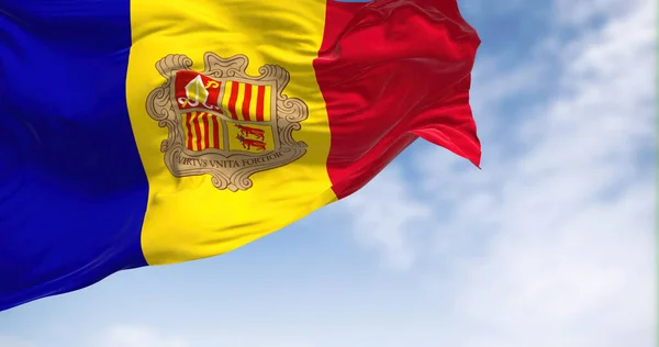 Flag Principality Andorra Waving Wind Clear Day Vertical Blue Yellow — Stock Photo, Image