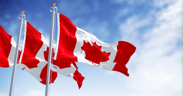Três Bandeiras Nacionais Canadá Acenando Vento Dia Claro Quadrado Branco — Fotografia de Stock