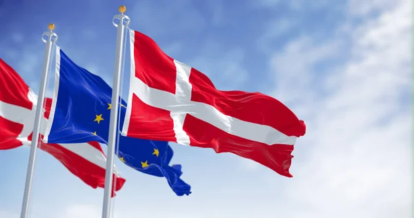 Flags Denmark European Union Waving Together Clear Day Denmark Became — 스톡 사진