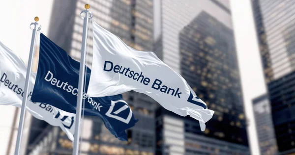 Berlin March 2023 Flags Deutsche Bank Waving Wind Financial District — Stock Photo, Image