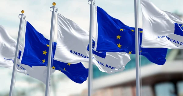 Frankfurt Mars 2023 Fem Flaggor Från Europeiska Centralbanken Och Europeiska — Stockfoto