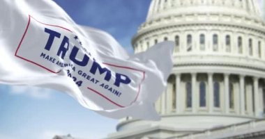 Washington D.C., ABD, Mart 2023: Donald Trump 2024 başkanlık seçim kampanyası logosu önünde sallanan bayrak bulanık ABD kongresi. 3D canlandırma animasyonu. Ağır çekim. Kusursuz döngü. Seçici odak.