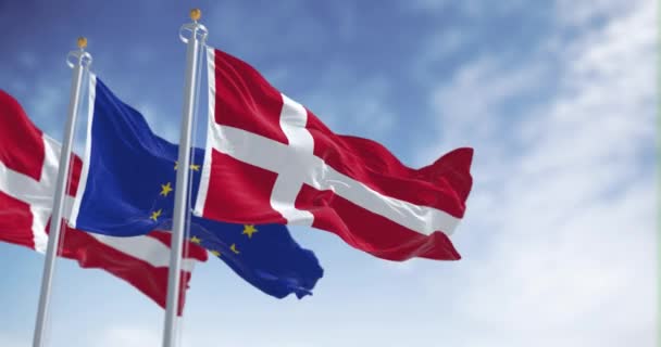 デンマークと欧州連合の旗が晴れた日に振っている 1973年1月1日 デンマークは欧州連合の一員となった 3Dレンダリングアニメーション スローモーション シームレスなループだ 選択的焦点 — ストック動画