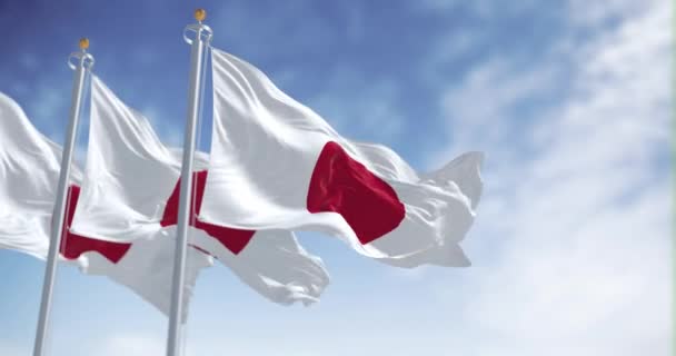 Tre Japanska Flaggor Viftade Vinden Klar Dag Röd Skiva Ett — Stockvideo