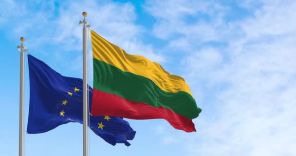 Литва Прапори Європейського Союзу Махають Ясний День Литва Стала Членом — стокове відео