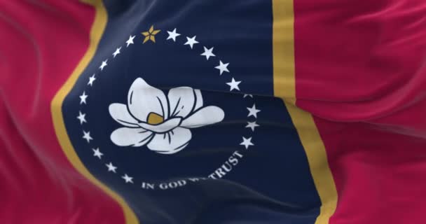 ミシシッピ州旗がなびく 赤の横バンド 金のストライプと青の中央フィールド 中央にマグノリアの花を咲かせます 3Dレンダリングアニメーション スローモーション シームレスなループだ 選択的フォーカス — ストック動画