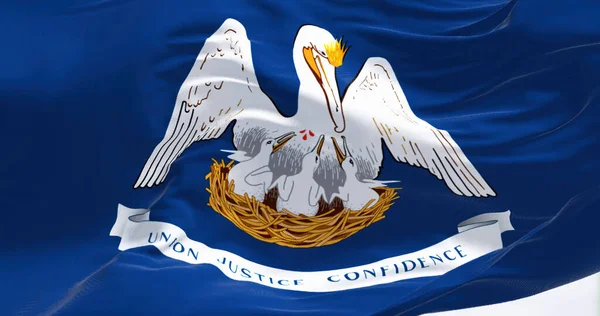 Close-up of the Louisiana state flag. Blue flag, white pelican and motto, center. US state. Rippled fabric. Textured background. 3d illustration render. Rippled textile
