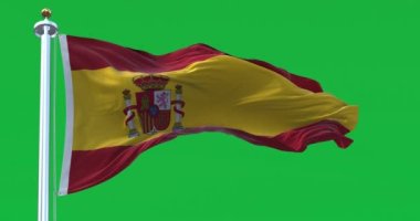 İspanya 'nın ulusal bayrağı dalgalanıyor. Üç yatay çizgi, kırmızı, sarı, kırmızı, solda arma. Kusursuz 3D canlandırma animasyonu. Yeşil ekran mat. Alfa kanalı. Krom anahtar. Yavaş çekim döngüsü