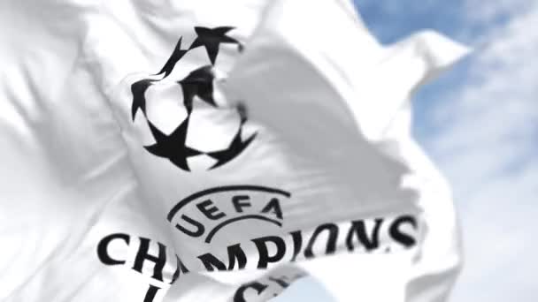 Stanbul Ocak 2023 Uefa Şampiyonlar Ligi Bayrağı Dalgalanması Avrupa Futbol — Stok video