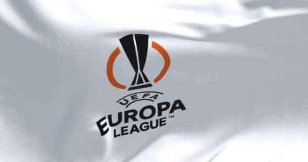 Budapest Mars 2023 Flaggan För Uefa Europa League Fladdrar Europa — Stockvideo