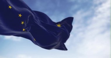 Alaska eyaleti bayrağı açık havada rüzgarda dalgalanıyor. Koyu mavi arka planda büyük balık ve polaris. 3D canlandırma canlandırması. Ağır çekim. Kusursuz döngü. Seçici odaklanma. Yakın plan. ABD bayrağı