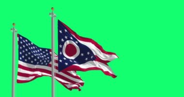 Ohio eyalet bayrağı, Amerika Birleşik Devletleri bayrağıyla birlikte dalgalanıyor. Kusursuz 3D canlandırma animasyonu. Yeşil ekran mat. Alfa kanalı. Krom anahtar. Yavaş çekim döngüsü