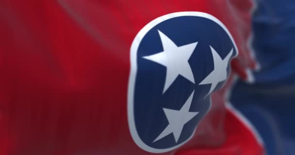 テネシー州の旗を振ってのクローズアップ 白で3つの白い星を持つ青い円を持つ赤いフィールド 飛行中の青い帯 3Dレンダリングアニメーション スローモーション シームレスなループだ 選択的フォーカス — ストック動画