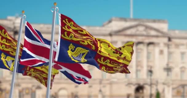 Royal Standard United Kingdom Wwing Flag Bluurred Buckingham Palace Background — Stock video