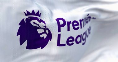 Londra, İngiltere, Nisan 2023: Premier Lig bayrağının rüzgarda dalgalanması. Premier League, İngiliz futbol ligi sisteminin en üst seviyesidir. Resimli 3d illüstrasyon oluşturucu