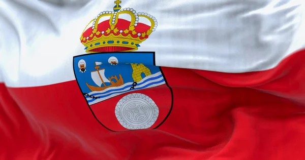 坎塔布里亚国旗的细节在风中飘扬 坎塔布里亚是西班牙的一个自治区 白色和红色的水平条纹与臂章 3D插图渲染 有选择的重点 后续行动 — 图库照片