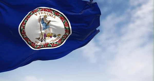 バージニア州の旗が晴れた日に風になびいていた 中央に白い腕のコートを持つブルーフィールド 3Dイラストレンダリング なびく織物 — ストック写真