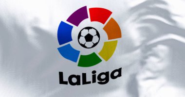 Madrid, SPA, Mart 2023, La Liga bayrağını dalgalandırın. La Liga, İspanya 'nın en üst düzey futbol ligi. Resimli 3d illüstrasyon oluşturucu