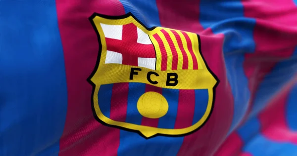 Barcelona Espanha Março 2023 Feche Bandeira Barcelona Acenando Barcelona Clube — Fotografia de Stock