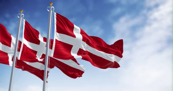 Tre Danska Flaggor Viftar Vinden Klar Dag Konungariket Danmark Ett — Stockfoto