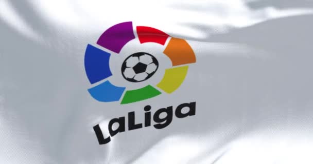 Madrid Marzo 2023 Primer Plano Bandera Liga Ondeando Liga Primera — Vídeos de Stock