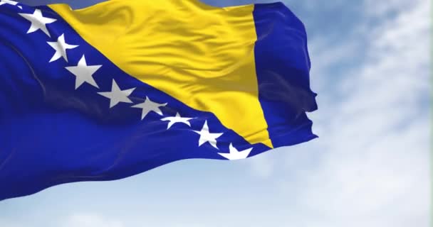 ボスニア ヘルツェゴビナの国旗が風に揺れる 黄色の三角形と白の星と青のフィールド 3Dレンダリングアニメーション スローモーション シームレスなループだ 選択的フォーカス 接近中だ なびく織物 — ストック動画