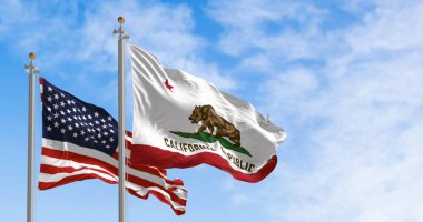 Kaliforniya Cumhuriyeti bayrağı açık bir günde Amerika Birleşik Devletleri bayrağıyla birlikte dalgalanıyor. 3 boyutlu illüstrasyon. Dalgalı tekstil