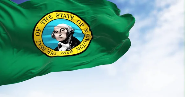 The flag state of Washington waving in the wind on a clear day. Green field with the state seal, a portrait of George Washington, in the center. 3d illustration render. Fluttering textile