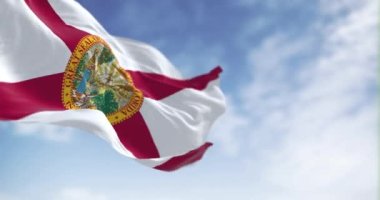 Florida eyalet bayrağının açık havada dalgalandığı yakın çekim görüntüsü. Merkezinde eyalet mührü olan beyaz üzerine kırmızı hiciv. 3D canlandırma canlandırması. Ağır çekim. Kusursuz döngü. Seçici odaklanma. Yakın plan.