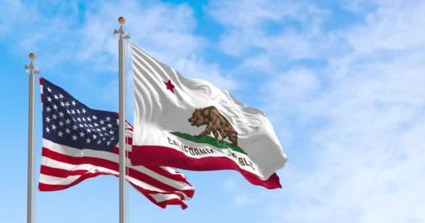 在一个晴朗的日子里 加利福尼亚共和国的国旗与美利坚合众国国旗一同飘扬 3D渲染动画 慢动作无缝圈 有选择的重点 后续行动 — 图库视频影像