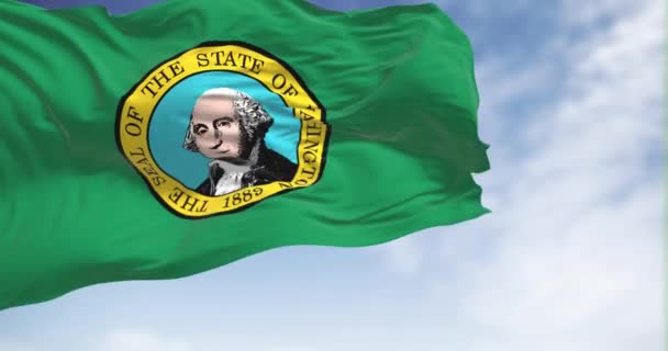 Washingtons Flagga Vinkar Klar Dag Grönt Fält Med Delstatssigillet Ett — Stockvideo