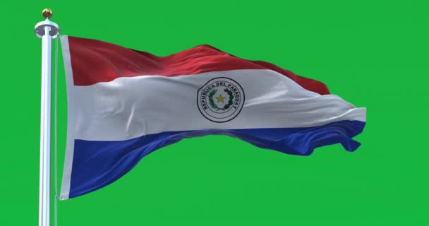パラグアイの国旗が緑の背景に孤立して手を振っている シームレスな3Dレンダリングアニメーション 緑色のスクリーンマット アルファチャンネル クロマキー スローモーションループ — ストック動画