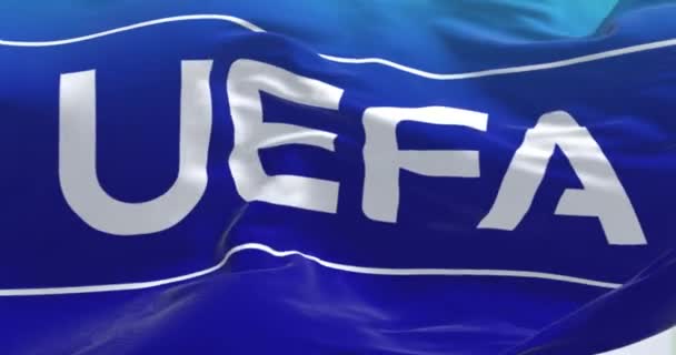 Nyon April 2023 Närbild Uefa Flagga Viftar Uefa Den Organisation — Stockvideo