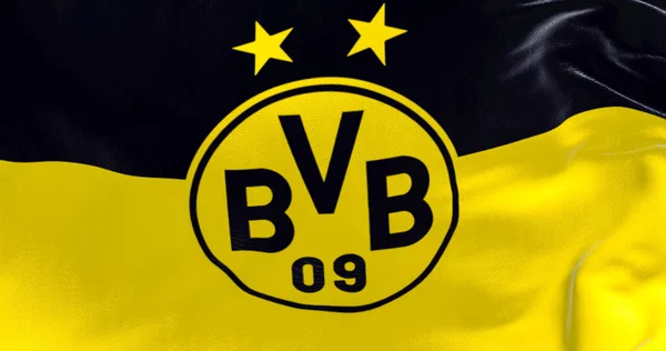 多特蒙德 2023年3月 波鲁西亚 多特蒙德的旗帜在风中飘扬 多特蒙德足球俱乐部 Borussia Dortmund 是一家德国职业体育俱乐部 总部设在多特蒙德 说明性编辑3D说明 — 图库照片