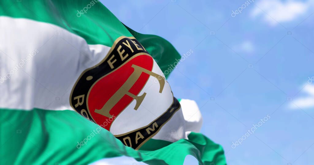 Rotterdam NED, aprile 2023: Close-up view of the Feyenoord Rotterdam flag waving in the wind. Feyenoord is a Dutch football club based in Rotterdam. Illustrative editorial 3d illustration render