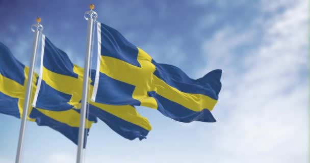 Tre Nationella Flaggor Sverige Vinkar Klar Dag Gult Nordiskt Kors — Stockvideo