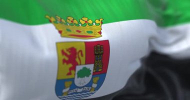  Extremadura bayrağı dalgalanıyor. İspanya Özerk Topluluğu. Yeşil, beyaz, siyah çizgili ve armalı. Kusursuz üç boyutlu animasyon. Yavaş çekim döngüsü. Seçici odaklanma. Çırpınan tekstil. Yakın plan.