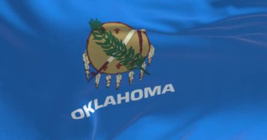 Oklahoma eyaleti bayrağının dalgalanma detayları. Bufalo derisi kalkanı, zeytin dalı ve barış çubuğu olan mavi bir tarla. Kusursuz 3 boyutlu animasyon. Yavaş çekim döngüsü. Çırpınan tekstil. Yakın plan.
