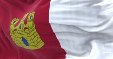 Castilla-La Mancha bayrağı dalgalanıyor. Castilla-La Mancha, İspanya 'nın otonom bölgelerinden biridir. Kusursuz 3 boyutlu animasyon. Yavaş çekim döngüsü. Seçici odaklanma. Çırpınan tekstil. Yakın plan.