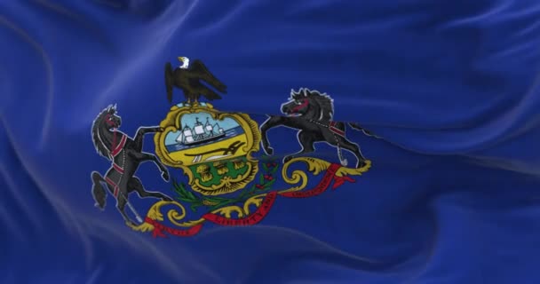 Close Bandeira Estado Pensilvânia Acenando Campo Azul Com Brasão Estatal — Vídeo de Stock
