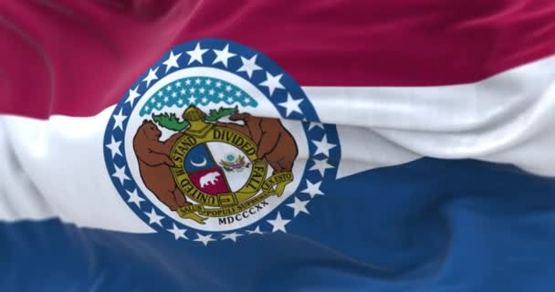 ミズーリ州旗を振ってのクローズアップ ミズーリ州の大シールを中心に赤 青の水平ストライプ シームレスな3Dレンダリングアニメーション スローモーションループ 選択的フォーカス なびく織物 — ストック動画