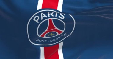 Paris, FR, Mart 2023: Paris Saint Germain futbol kulübü el sallıyor. PSG, Paris merkezli profesyonel bir futbol kulübüdür. Kusursuz 3 boyutlu animasyon. Yavaş çekim döngüsü. Çırpınan tekstil. Yakın plan.