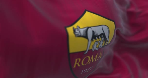 2023年3月 罗马国旗飘扬 罗马足球俱乐部 Roma 是一家位于罗马的职业足球俱乐部 无缝3D渲染动画 慢动作回圈有选择的重点 飘扬的纺织品 后续行动 — 图库视频影像
