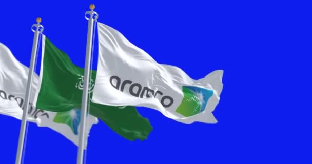 Dhahran March 2023 Flags Aramco Saudi Arabia Waving Blue Background — Stock Video