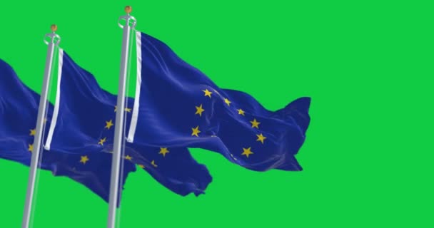 Tres Banderas Unión Europea Ondeando Aisladas Sobre Fondo Verde Unión — Vídeos de Stock