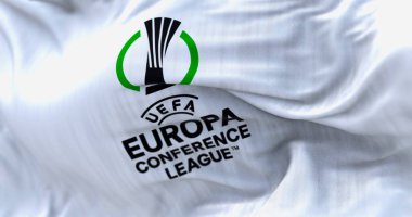 Prague, CZ, Apr. 2023: UEFA Europa Conference League flag waving. Europa Conference League is an annual football club competition for european clubs. illustrative editorial 3D illustration render clipart